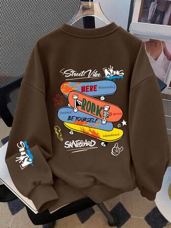 סווטשירט ארוך שרוולים לבנים עם צווארון עגול, כולל גרפיקה של סקייטבורד, המציעה נוחות, סגנון ורבגוניות. מושלם ללבוש באביב ובסתיו, מתאים לבית הספר, לקניות, סגנון רחוב וחופשות.