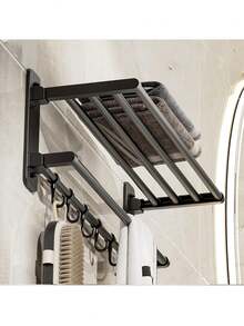 1pc Foldable Towel Rack, Bathroom Organizer Shelf, Wall Mounted Toilet Storage Rack, Multi-Function