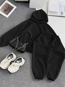 两件套保暖舒适女士宽松长袖连帽衫（带口袋）和运动裤，适合秋冬春季日常/办公/居家穿着，黑色 - 黑色 - 查看 2