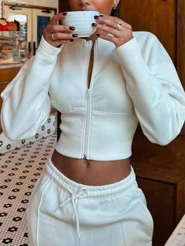 Chaqueta casual de mujer de unicolor con cremallera y manga larga, adecuada para usar en casa, al aire libre y en la oficina