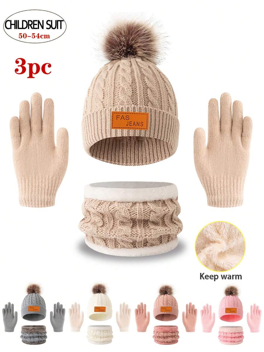 3pcs Kids Knitted Hat/Scarf/Gloves Set, 6 Colors Available, Thick & Warm Winter Outfit, Minimalist & Cute Fashion, Suitable For 3-12 Years Old Children Outdoor Hiking/Skiing And Daily Winter Wear - 3PC - View 1
