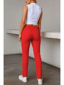 Elegante conjunto de traje azul de manga larga para mujer con cuello chal pantalones largos y detalles de botones - Rojo - Ver 3