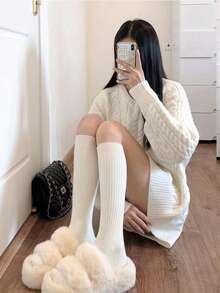3 Pairs Solid Color Vertical Stripe Slimming Knee-High Socks, Black/White/Gray, Versatile For Spring And Autumn