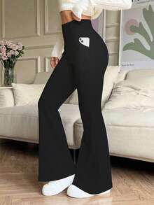 大码女式高腰纯色喇叭裤运动瑜伽裤压缩紧身裤跑步健身裤 - 黑色 - 查看 3