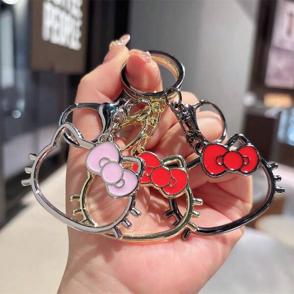 Sanrio Cute Hello Kitty Metal Keychain Cartoon Kitty Cat Keyring Hollow Out Car Key Holder Fashion Bag Pendant Key Hanging Decor For Gifts