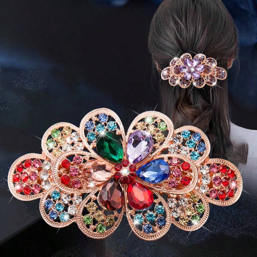 1 pieza Clip de pelo con decoración de cristal elegante estilo coreano, accesorio de pelo con pinza de primavera con estampado de flores elegante de aleación de zinc, adecuado para trabajo, viajes, fiestas, compras, citas, salidas, accesorio esencial, pinzas de garra