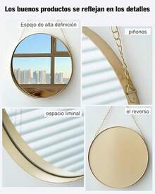 Redondo de Pared sin Agujero Vintage Dorado Redondo de Pared, Espejo de Cadena Colgante Multiusos para baño, Dormitorio, salón, etc, Decorativo clásico (Grande) - 40L x 25,5A cm - Ver 3