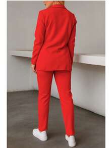 Elegante conjunto de traje azul de manga larga para mujer con cuello chal pantalones largos y detalles de botones - Rojo - Ver 4
