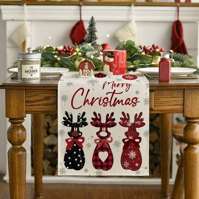 Mantel con estampado de renos rojos y copos de nieve, tema navideño, adecuado para decorar la cocina y la mesa de comedor en invierno para reuniones familiares