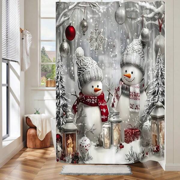 1pc Snowman Wearing A Hat In Winter, Christmas Shower Curtain, Snow Scenery, Christmas Ball, Snowflake Pattern, Holiday Decoration, Bathroom Bathtub Curtain