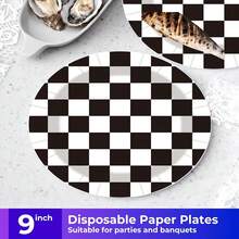 Black And White Checkered Themed 20/40/60/80/100 Disposable Tableware Set, Including 7-Inch Paper Tray, 9-Inch Cardboard, 9-Ounce Cup, Napkins, Suitable For Daily Gatherings, Birthday Parties, Bridal Showers, Baby Showers, Clubs, Weddings, Tea Parties - Multicolor - View 6