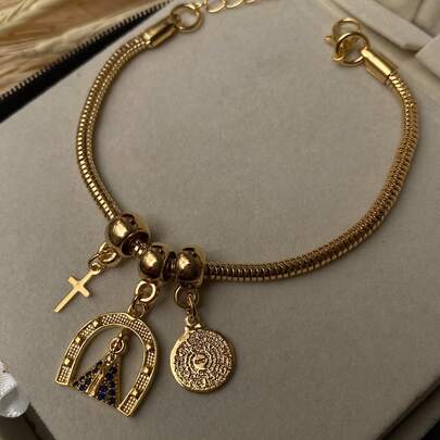 Pulseira Dourada Nossa Senhora/Cruz/Pai Nosso