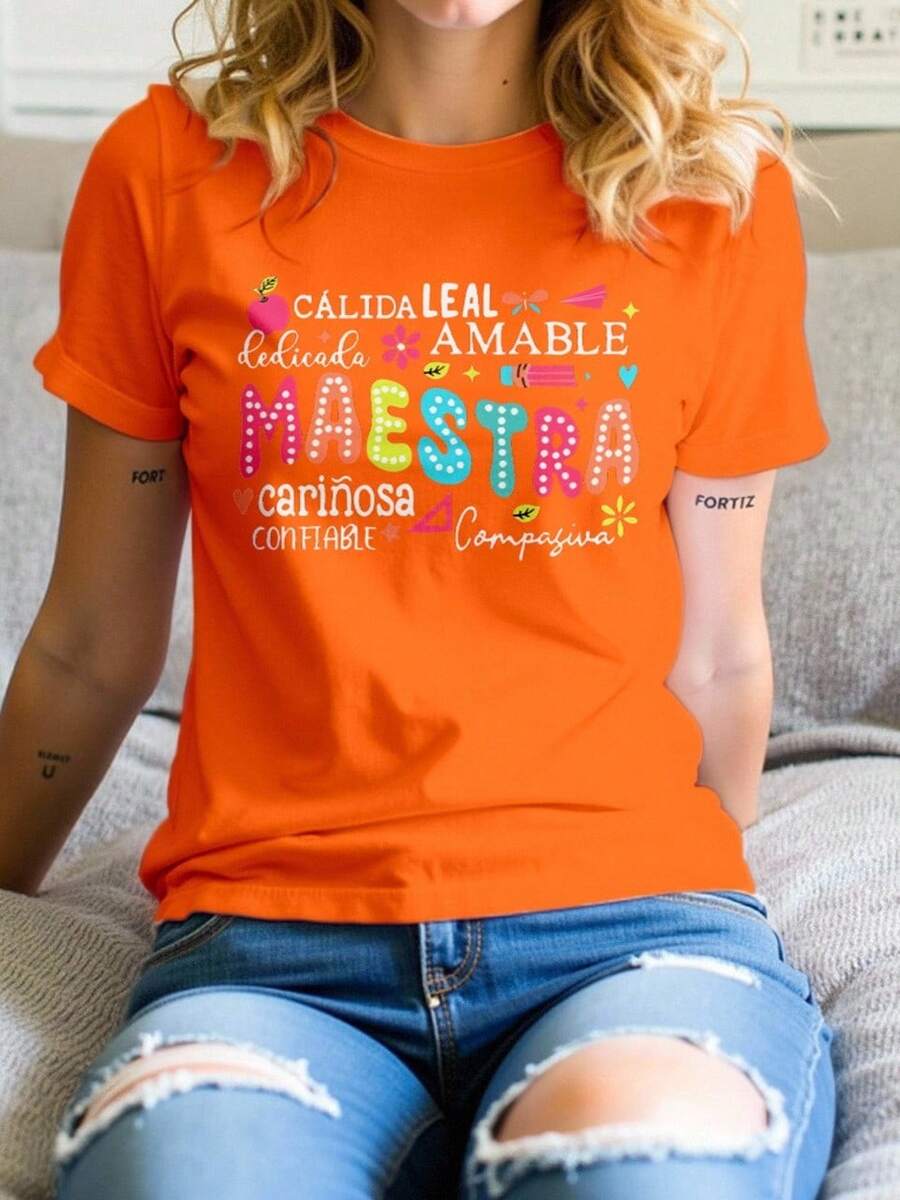 Playera camiseta básica mujer dama cuello redondo manga corta estampado GRAFICO DE LETRAS MAESTRA ENSEÑADORA TEACHER GRAPHIC | Textura Suave Fortiz - Naranja - Ver 1