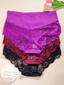 3pcs Plus Size Women's Solid Color Lace Patchwork Comfortable Smooth Fabric Panties - Multicolor - View 2