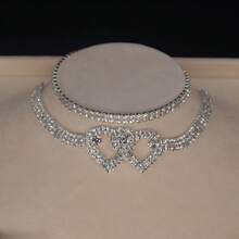 Double Heart Rhinestone Anklet, Fully Sparkling Asymmetrical Diamond Shaped Rhinestone Beach Anklet