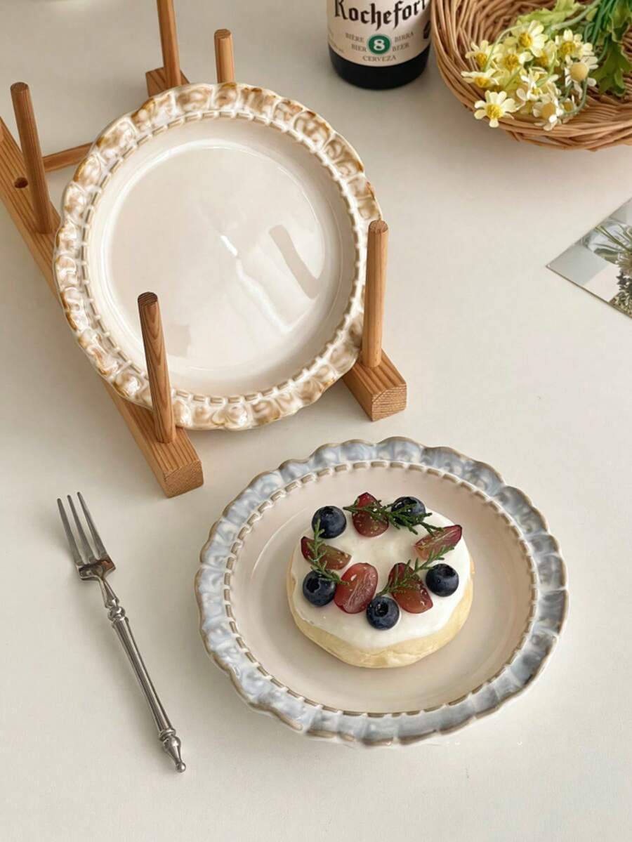 1 pièce/2 pièces Assiette en porcelaine fine à bord floral, assiette à dessert de style vintage français, assiette à fruits, assiette à gâteau, vaisselle de table pour la maison - Multicolore - Voir 1