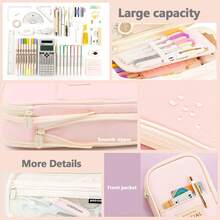 Large Capacity Pencil Case With Compartments, Expandable Pencil Bag Pouch For School & Office Supplies, Portable Stationery Organizer And Makeup Cosmetic Bag - 淺藍色 - 查看 3