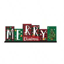 1 Peça Peça Central de Mesa de Madeira Estilo Fazenda para o Natal com Letras "Feliz Natal" - Decorações Assimétricas de Letras em Bloco com Padrões Xadrez e Xadrez, Galhos de Pinheiro e Flocos de Neve - Decorações Festivas para Mesa ou Parede para Casa, Festa, Lareira - Placa de Madeira de Natal, Decoração de Temporada para Casa, Planejamento de Festa, Decoração de Casa