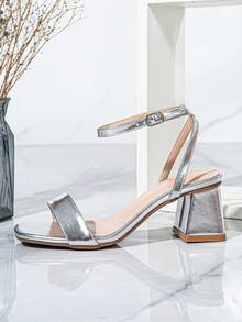 Women's Fashion Square Toe Chunky Heel Strap Silver High Heel Sandals - Silver - View 8