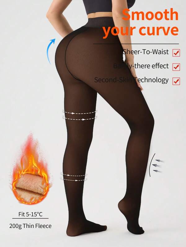 1 Paar super warme Damen Thermotights mit Futter, thermische halbtransparente Strumpfhose mit einer Naht, hoher Bund für Outdoor-Sport, Yoga, Laufen, Radfahren