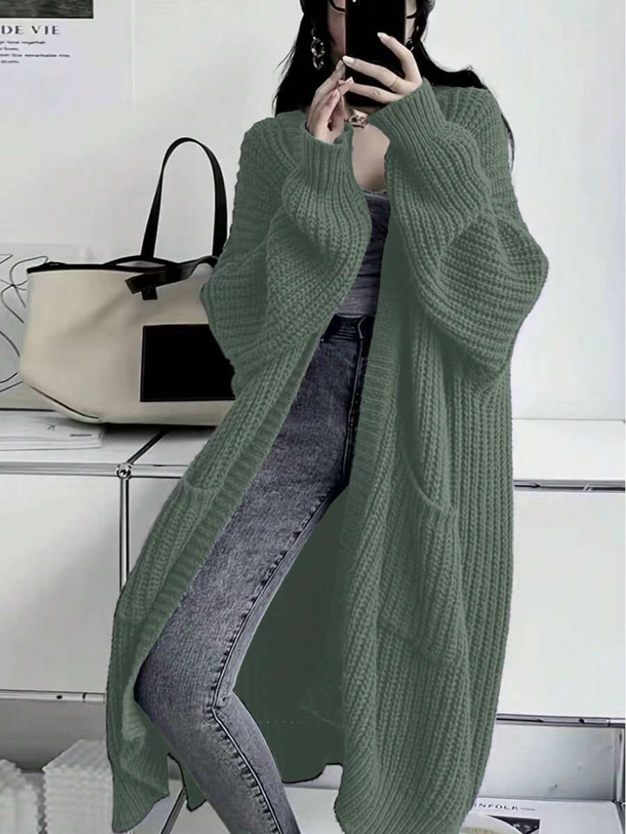 Áo khoác cardigan dệt kim rộng rãi hở trước trơn, áo len dài tay thường ngày có túi, quần áo nữ - màu xanh lá - Xem 1