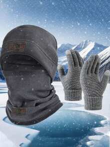 1套秋冬骑行保暖多功能防风滑雪帽、羊毛拉法帽、骑行面罩、手套 - 黑色 - 查看 4