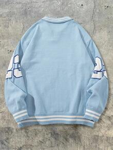 Jersey de cuello de polo con patrón de letras y números en inglés, unicolor, suelto y casual, con cuerda retorcida, lindo y juvenil, para otoño/invierno