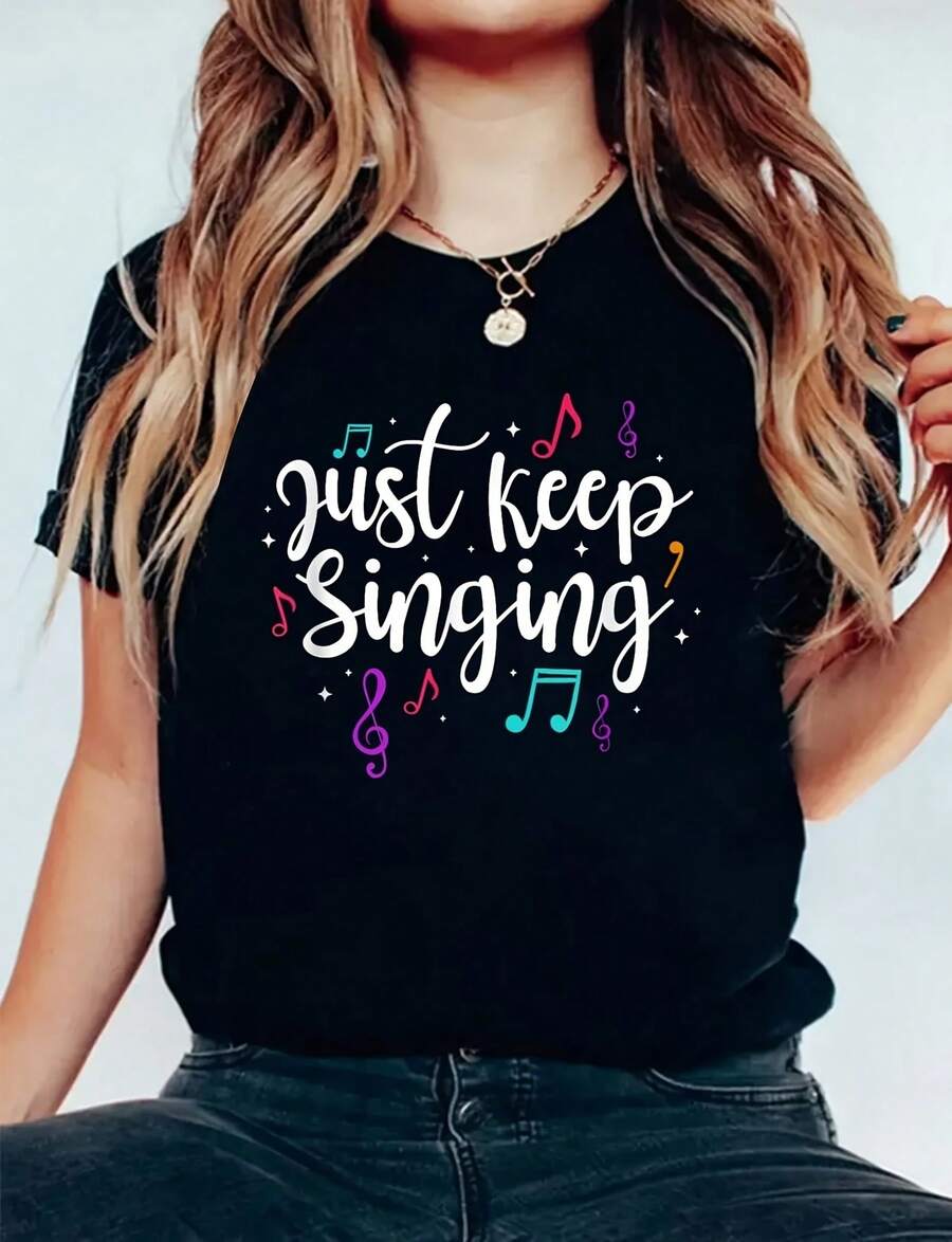 Keep Singing Women's Musical Motivation Cotton Graphic T-Shirt, Crew Neck, Short Sleeve, High Quality 220g Pure Cotton Casual Tops With Minimalist Print, Halloween Costume Tops For Women - 黑色 - 查看 1