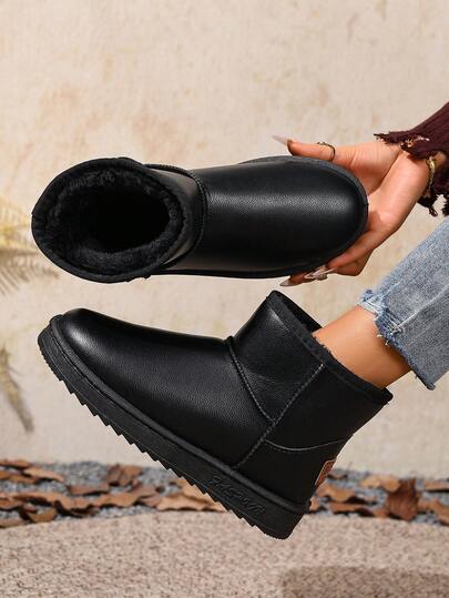 Women's Fashionable Solid Color Thick Sole Shoes, Platform Sneakers, Outdoor Walking Shoes, Casual Versatile Cloth Shoes, Winter Warm Thermal Lined Short Boots, Plush Snow Boots, Simple Plus Size Black Snow Boots, Slip-On Shoes, Christmas,Fur Boots