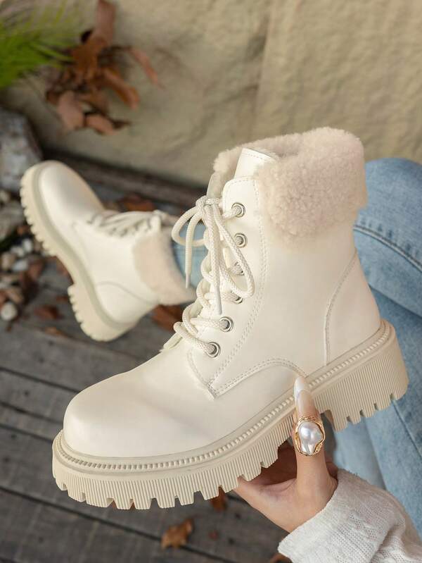 Botas de inverno femininas com forro, botas casuais de salto médio e salto grosso, cano curto, versáteis