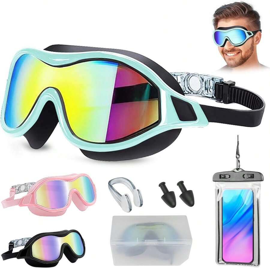 LEMONSEA Goggles Natación, Kit de Gogles Adulto Natacion 5 en 1, snatacion Mujer Hombre, Natacion Con Tapones Oidos, Pinza Nasal, Bolsa Impermeable para Celurares y Gorro de Natación - Verdoso Negro - Ver 1