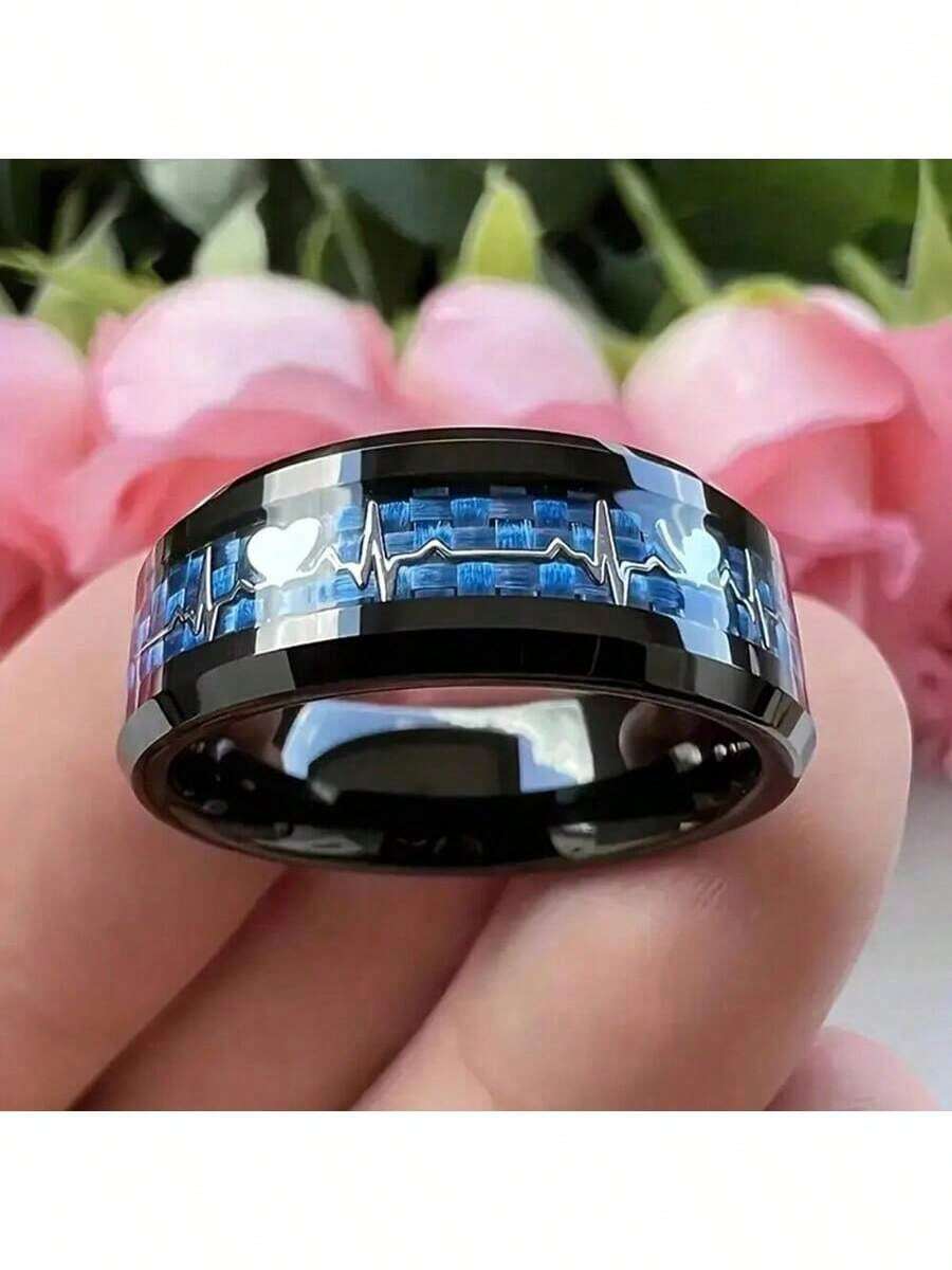 1 Pc 8MM Fashion Stainless Steel Rings For Men Charm Carbon Fiber Heart Electrocardiogram Men Rings Jewelry Accessories Birthday/Anniversary/Holiday Gifts For Him Everyday Jewelry, Elegant Accessory - 黑色 - 查看 1