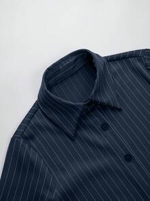 两件套女士优雅领纽扣条纹无弹力套装，适合通勤、日常穿着、约会、机场出行。 - 藏青色 - 查看 5