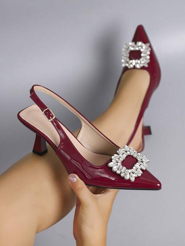 Neue modische spitze Zehenrückenfrei Sandalen, funkelnder Kristall quadratische Schnalle Dekor, Mehrfarbig vielseitig, elegante High Heels