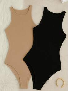 Kit 2 Bori Women's Bodysuits Basic Tank Top Casual Style Lined Second Skin Leotard Chic Timeless - 裸色/黑色 - 查看 2