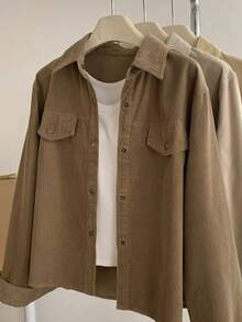 Chemise décontractée pour femmes, de couleur unie, avec boutons devant et poches, printemps - Brun - Voir 7