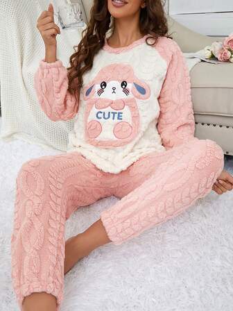2 piezas Conjunto de pijama de felpa coral con manga larga y pantalones, diseño de conejo grueso y cálido con bolsillos, ropa de dormir dulce y casual para invierno y otoño, acogedor