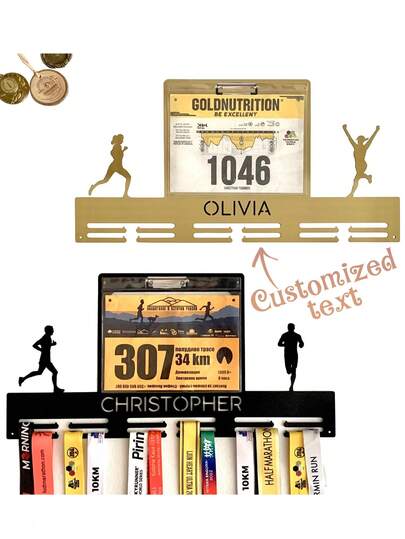 Portamedaglie e pettorale personalizzato con nome personalizzato, supporto da parete durevole per l'esposizione di medaglie, organizzatore per corridori, atleti e appassionati di maratona, in grado di contenere medaglie e pettorali, regalo sportivo perfetto per maratona, allenamento, laurea, compleanno, decorazione 2025 per palestra domestica