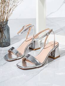 Women's Fashion Square Toe Chunky Heel Strap Silver High Heel Sandals - Silver - View 7