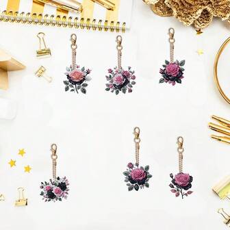 6pcs Rose Flower Diamond Art Keychain, 5D DIY Craft Kit For Beginners, Acrylic Rhinestone Pendant For Bags And Accessories, Perfect Gift Idea, Round Diamond Painting Kit