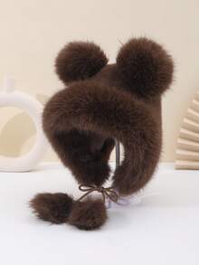 1pc Cute Ear Plush Hat, 3D Bear Ear Design With Playful Pom Pom. Sweet & Adorable, Warm & Comfortable, Suitable For Daily Wear, Commuting, Gatherings With Friends, Holiday Occasions As Autumn/Winter Decorative Hat To Add Cute Elements To Your Outfit, Youthful & Energetic Design