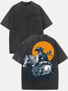 (230g T-Shirt)Men's Washed Cotton "Spirit Of The West" Cowboy Graphic Tee, Oversized Loose Casual Crew Neck Short Sleeve T-Shirt, Retro Western Streetwear Comfortable Soft Top - 黑色 - 查看 1