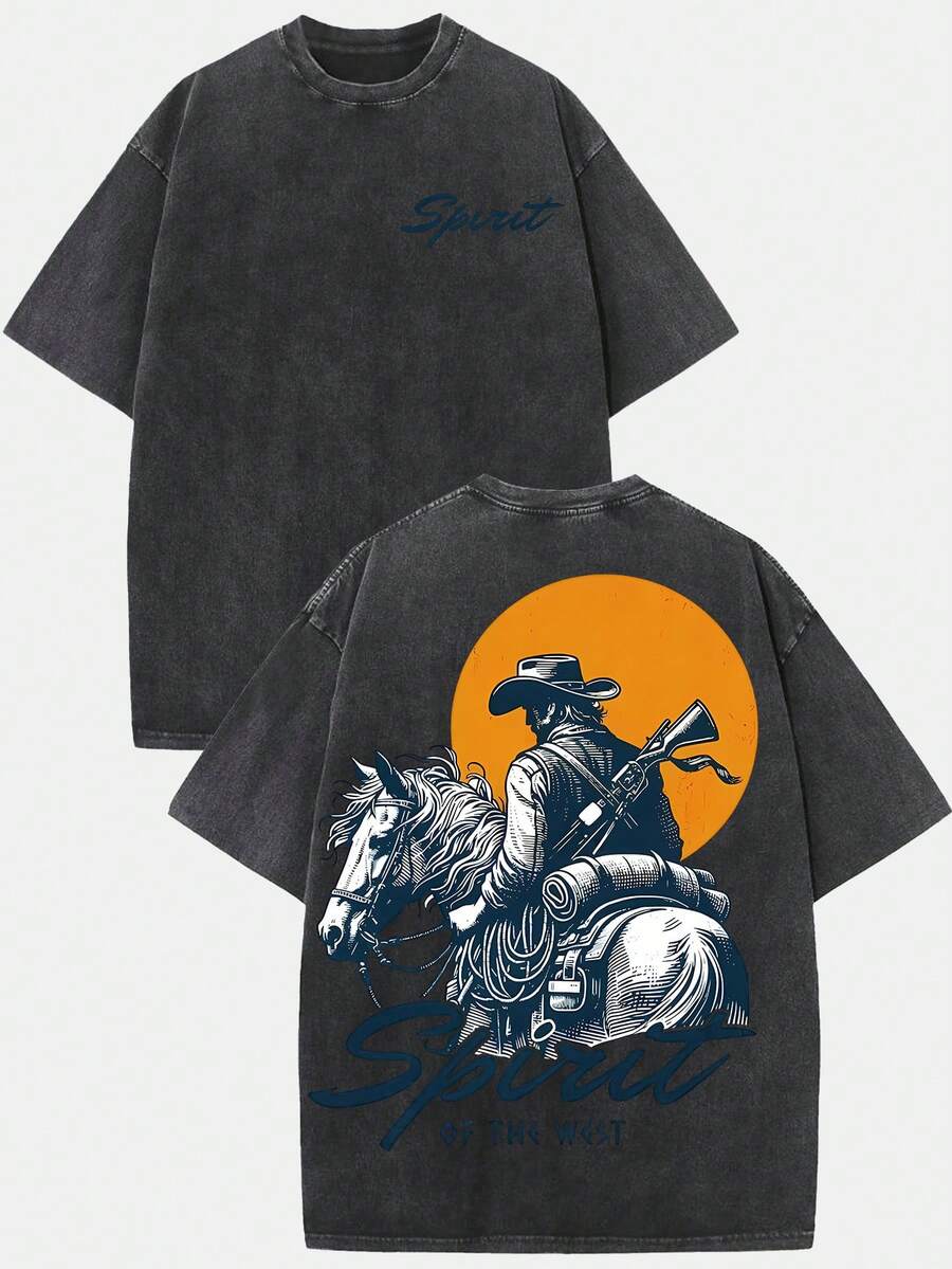 (230g T-Shirt)Men's Washed Cotton "Spirit Of The West" Cowboy Graphic Tee, Oversized Loose Casual Crew Neck Short Sleeve T-Shirt, Retro Western Streetwear Comfortable Soft Top - 黑色 - 查看 1