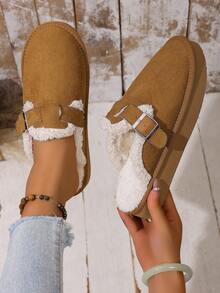 女士加大码毛茸茸拖鞋，厚底雪地一脚蹬封闭式趾毛绒拖鞋，适合秋冬季 - 咖啡棕 - 查看 6