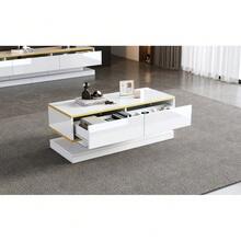 [Designer Couchtisch mit Goldakzent]100x50cm Hochglanz-Sofatisch mit 2 Schubladen | Eleganter Beistelltisch in warmweiß/gold | Schmaler Mittelteil mit breiter Ablagefläche