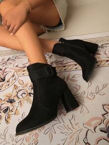 Women's Black Chunky Heel Ankle Boots, Daily Commute Short Boots, Autumn/Winter Fashion Round Toe Booties - Black - View 6