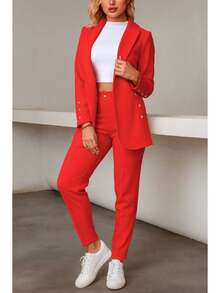 Elegante conjunto de traje azul de manga larga para mujer con cuello chal pantalones largos y detalles de botones - Rojo - Ver 2