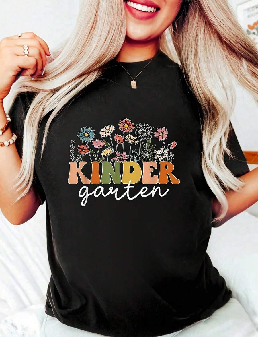 Women's Back-To-School Floral Print Cotton T-Shirt, Round Neck, Short Sleeve, High-Quality 220g Pure Cotton Casual T-Shirt With Minimalist Print, Women's Halloween Costume - 黑色 - 查看 1
