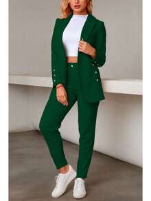 Elegante conjunto de traje azul de manga larga para mujer con cuello chal pantalones largos y detalles de botones - Verde Oscuro - Ver 2