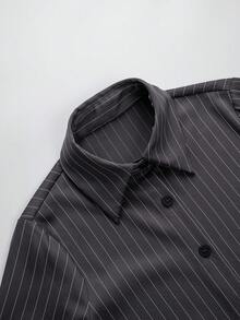 两件套女士优雅领纽扣条纹无弹力套装，适合通勤、日常穿着、约会、机场出行。 - 灰色 - 查看 4